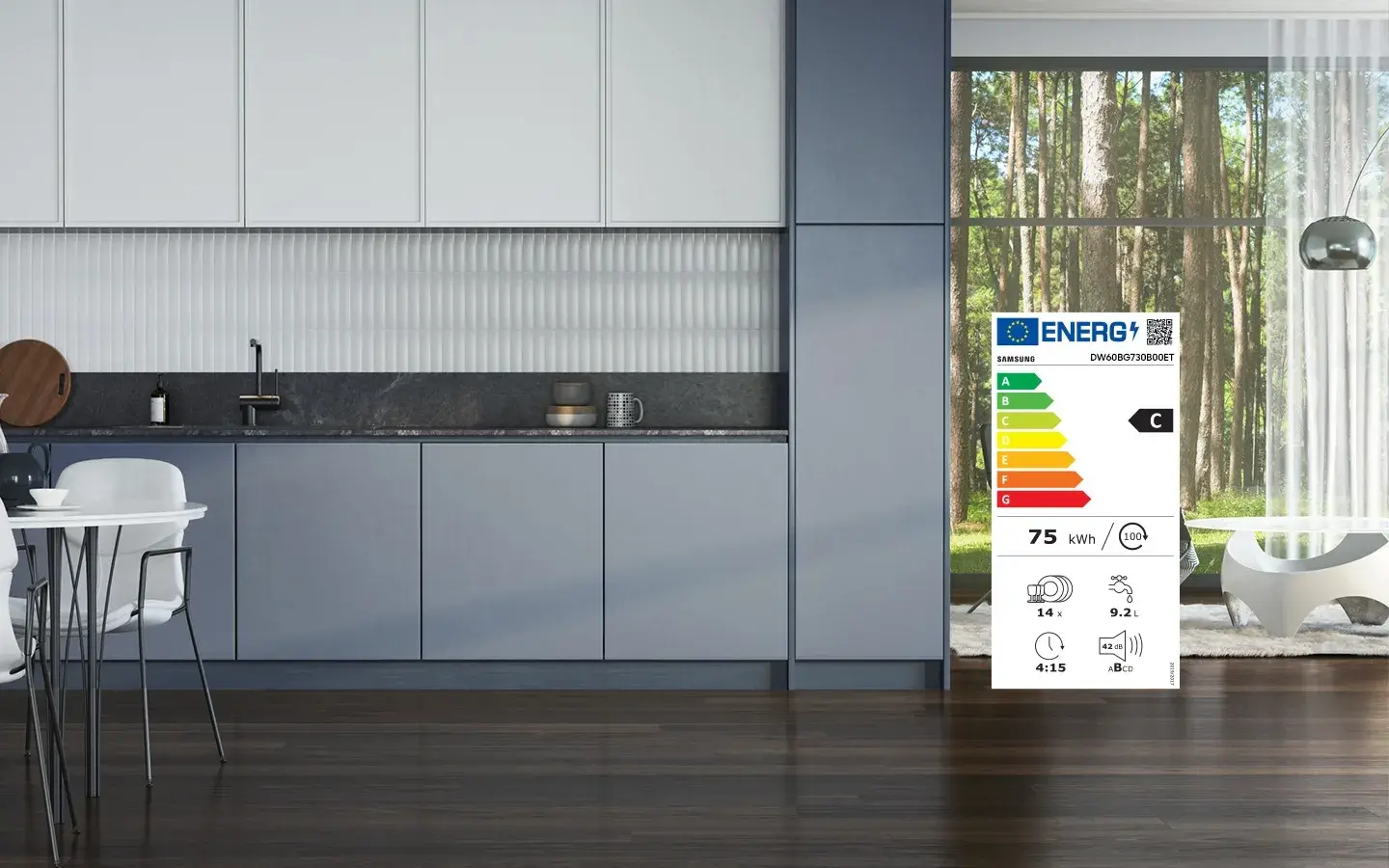 Moderne Küchenzeile taubengrau mit Energielabel Effizienzklasse C
